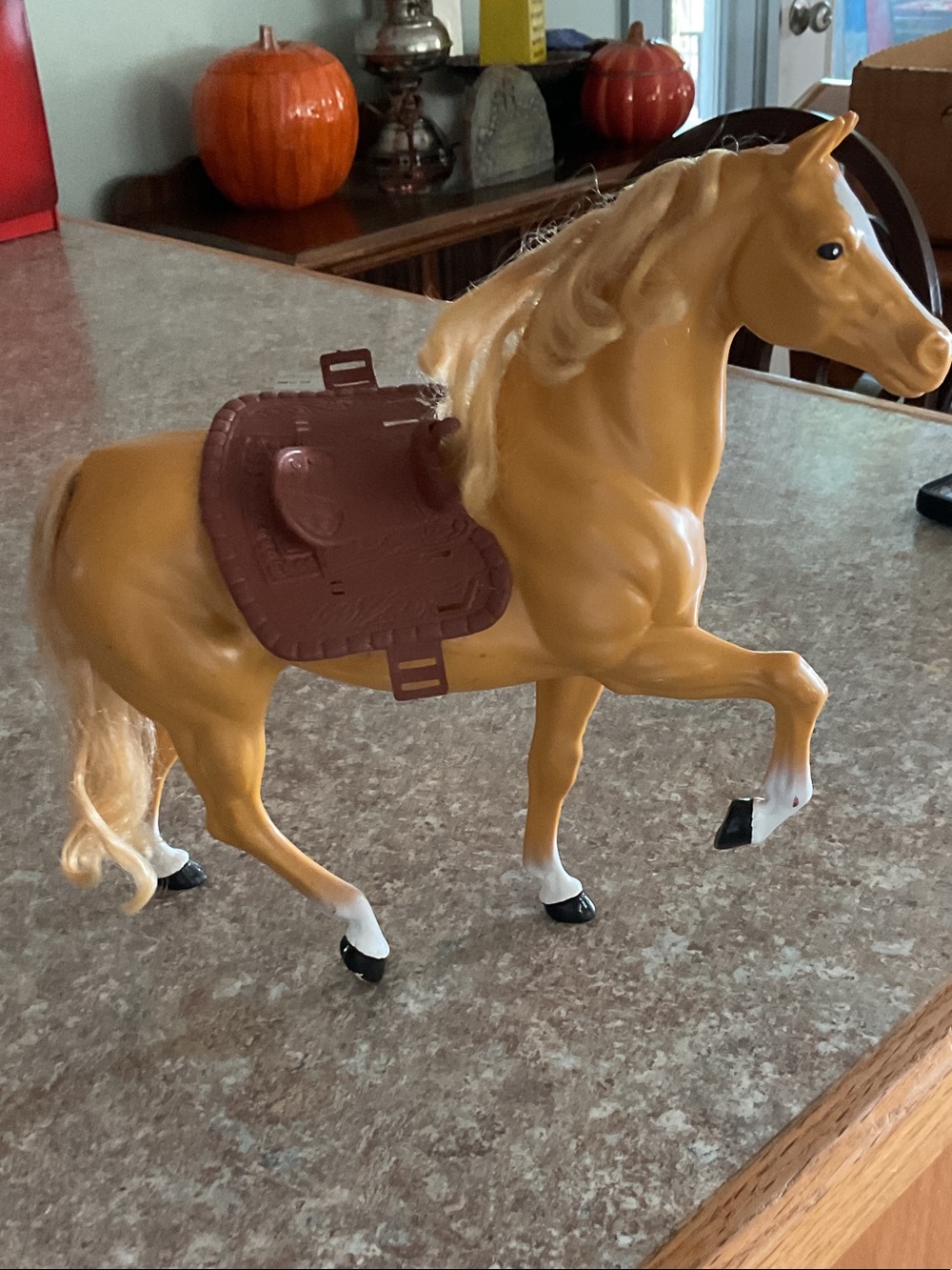 Vtg Barbie 1982 Tan Decorative Horse Figurine with Brown Saddle - Mattel Dallas